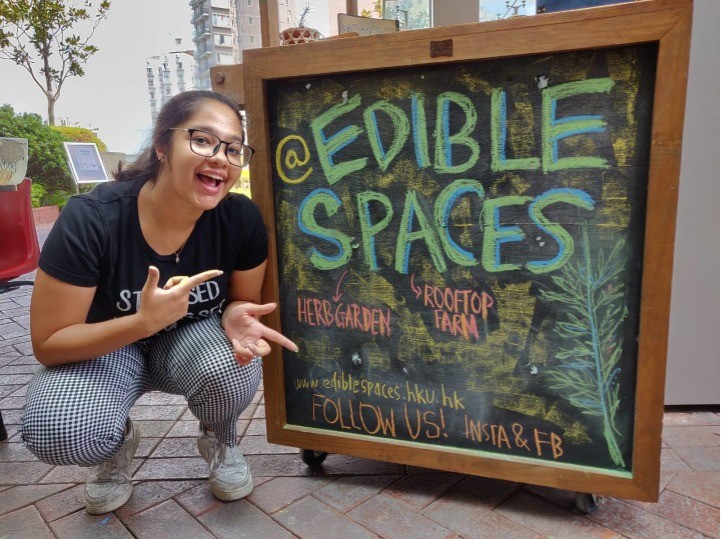 Photo of Sovina promoting HKU Edible Space Project